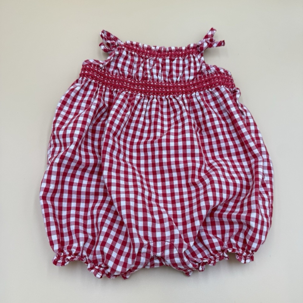 Baby‎ Gap Y2K Romper Baby Girl 3-6 M Red Gingham Smocked Outfit Bow Summer